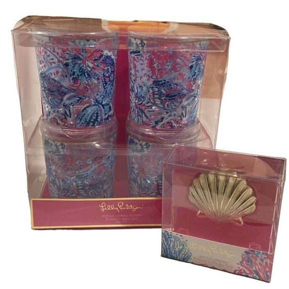 Lily Pulitzer 4 Acrylic Lo-Ball Glasses and Lily Pulitzer Shell Bottle Opener - Picture 1 of 13